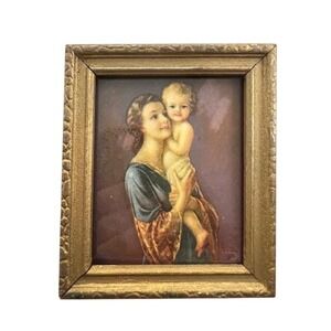 Vintage Framed Religious Art Madonna and Child Painting Gold Gilt Frame 4 x 4.5